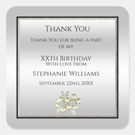 ロマンチックなフローラジェムシルバー&ブラック誕生日のお気に入り スクエアシール (正面)