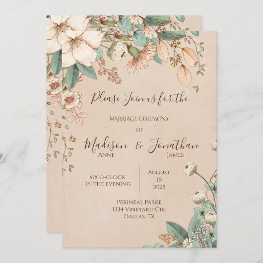 ロマンチックなフローラスクリプトハンドドローかわいらしド結婚ズ 招待状 (正面/裏面)