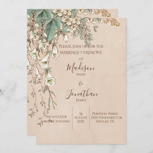 ロマンチックなフローラスクリプトハンドドローかわいらしド結婚ズ 招待状 (正面/裏面)