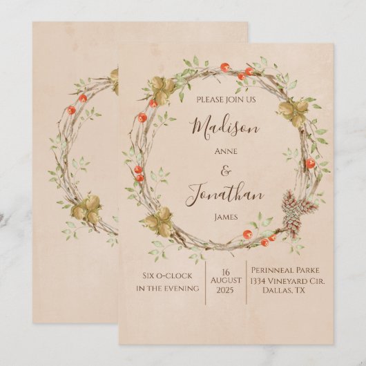 ロマンチックなフローラスクリプトリース結婚グリーンリー 招待状 (正面/裏面)