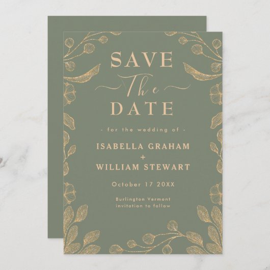 ロマンチックなフローラセージ緑の植物保存日付 招待状 (正面/裏面)