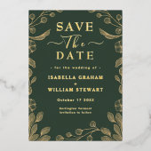 ロマンチックなフローラダークグリーン結婚式の日付を保存 箔招待状 (正面)
