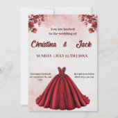 ロマンチックなフローラデザインブルガンディ結婚ボールガウン 招待状 (正面)