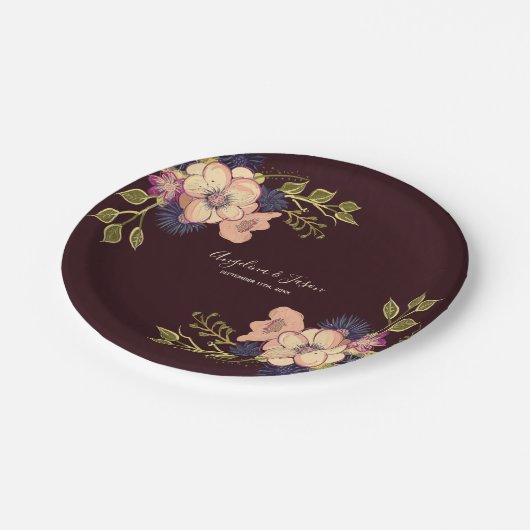 ロマンチックなフローラバーグンディ結婚ズ ペーパープレート (アングル)