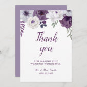 ロマンチックなフローラパープル・シルバー・結婚パーソナライズ サンキューカード (正面/裏面)