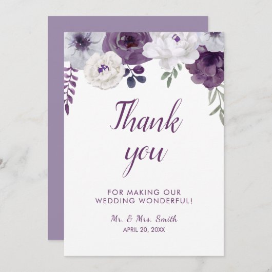 ロマンチックなフローラパープル・シルバー・結婚パーソナライズ サンキューカード (正面/裏面)