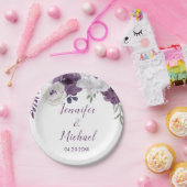 ロマンチックなフローラパープル・シルバー・結婚パーソナライズ ペーパープレート (パーティー)