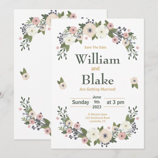 ロマンチックなフローラボタニカル日付を保存 セーブザデート (正面/裏面)