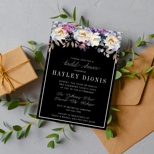 ロマンチックなフローラムーディダークフラワーズブライダルシャワー 招待状