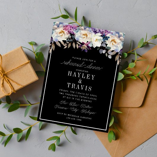ロマンチックなフローラムーディダークフラワーリハーサルディナー 招待状