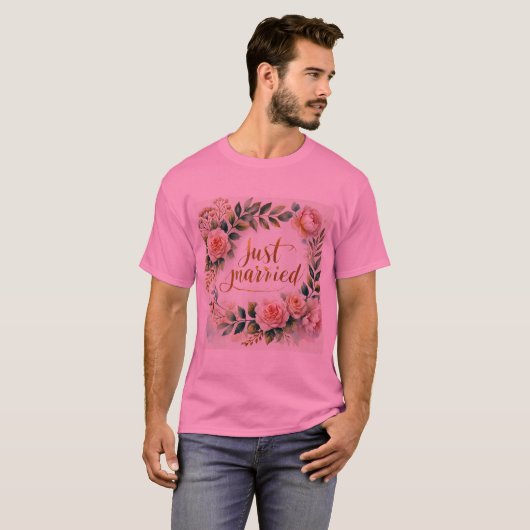 ロマンチックなフローラリースたった今結婚しましたメンズTシャツ Tシャツ (正面フル)