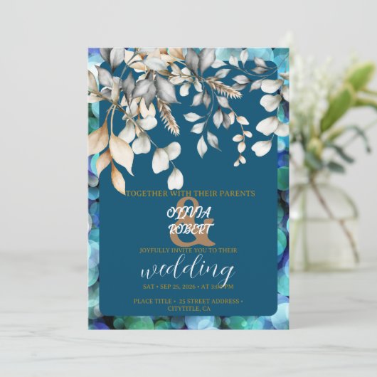 ロマンチックなフローラ白と穏やかな青の花 招待状 (スタンド正面)