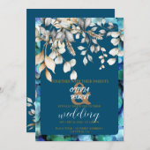 ロマンチックなフローラ白と穏やかな青の花 招待状 (正面/裏面)