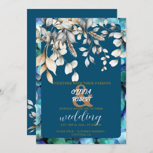 ロマンチックなフローラ白と穏やかな青の花 招待状 (正面/裏面)