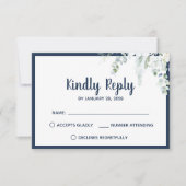 ロマンチックなフローラ白の優しい花結婚青色 出欠カード (正面)