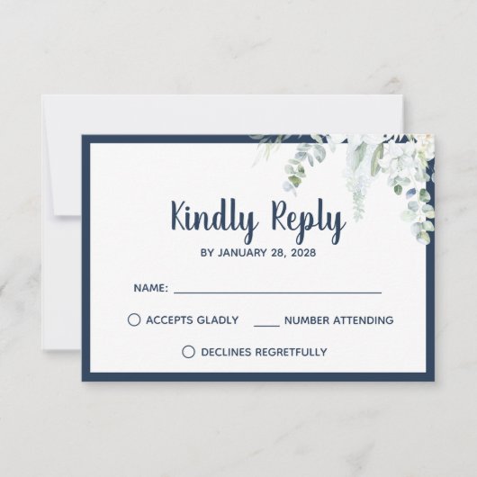 ロマンチックなフローラ白の優しい花結婚青色 出欠カード (正面)