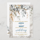 ロマンチックなフローラ白の穏やかな青い花の大理石 招待状 (正面/裏面)