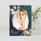 ロマンチックなフローラ金ゴールドリースブライダルシャワー写真 招待状 (スタンド正面)