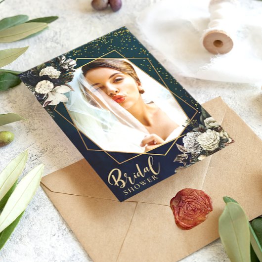 ロマンチックなフローラ金ゴールドリースブライダルシャワー写真 招待状