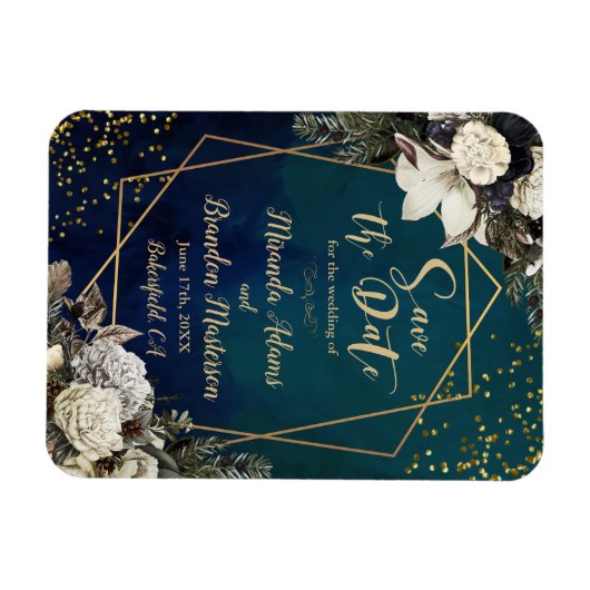 ロマンチックなフローラ金ゴールドリース結婚式の日付を保存 マグネット (横)