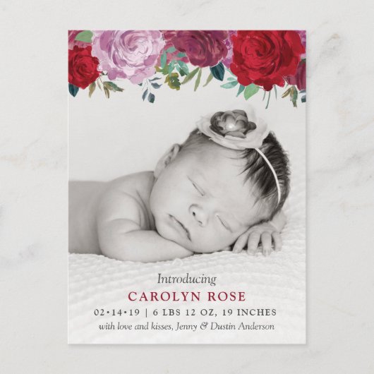 ロマンチックなフローラ開花写真誕生のお知らせ 案内ポストカード (正面)