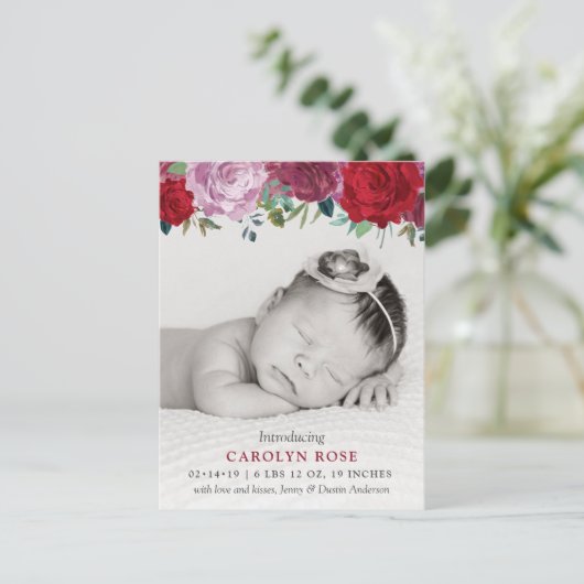 ロマンチックなフローラ開花写真誕生のお知らせ 案内ポストカード (スタンド正面)