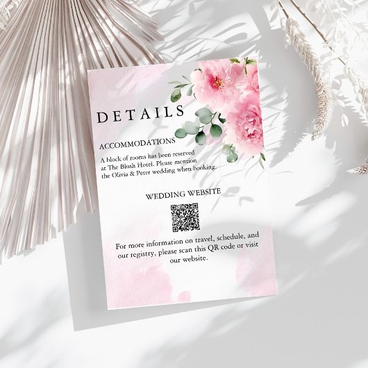ロマンチックなブッシュピンクの花の結婚式詳細カード 招待状