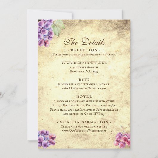 ロマンチックなブドウ畑ワイナリーワインオールインワン結婚ズ 招待状 (裏面)