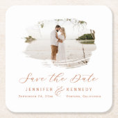 ロマンチックなブラシ仕上げフレームテラコッタ日付を保存 スクエアペーパーコースター (正面)