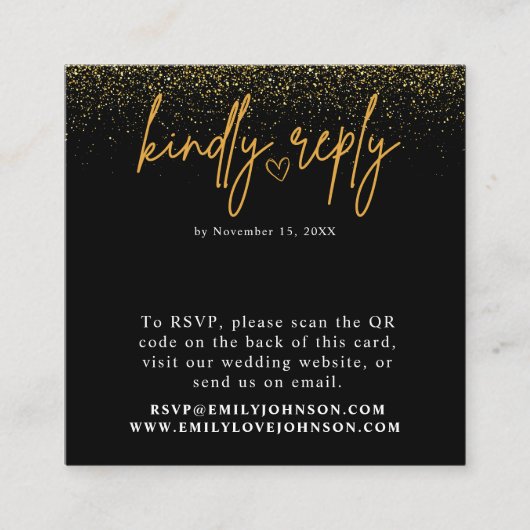 ロマンチックなブラックと金ゴールドQRコードウェディングRSVP エンクロージャーカード (正面)