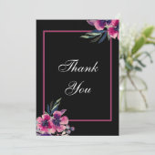 ロマンチックなブラック&ピンクのフローラ結婚スクリプト サンキューカード (スタンド正面)