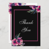 ロマンチックなブラック&ピンクのフローラ結婚スクリプト サンキューカード (正面/裏面)