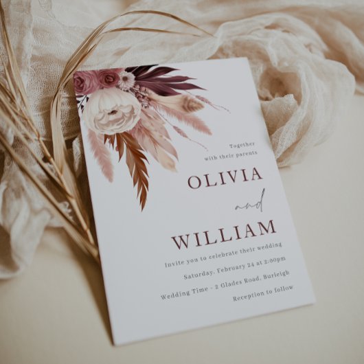 ロマンチックなブルゴーニュと赤面ボホ結婚フローラ 招待状