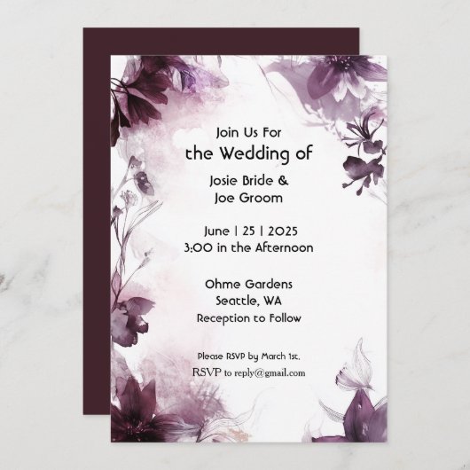ロマンチックなブルゴーニュのワイルドフラワー結婚式招待状 招待状 (正面/裏面)