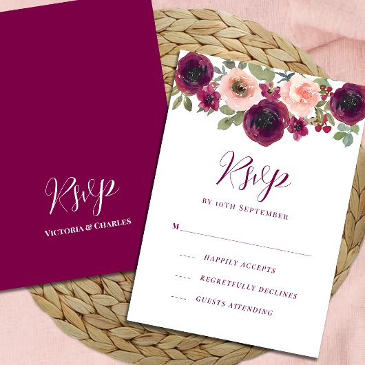 ロマンチックなブルゴーニュの水のカラーフローラ 出欠カード