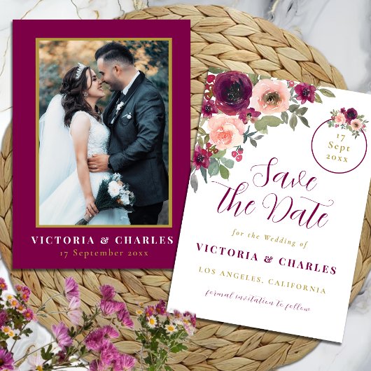 ロマンチックなブルゴーニュの水の色のフローラ結婚ズ セーブザデート