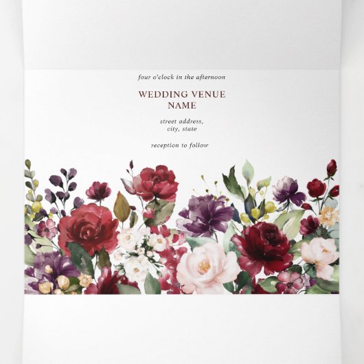 ロマンチックなブルゴーニュの結婚水色フローラのTri-Fo 三つ折り招待状 (内部中)