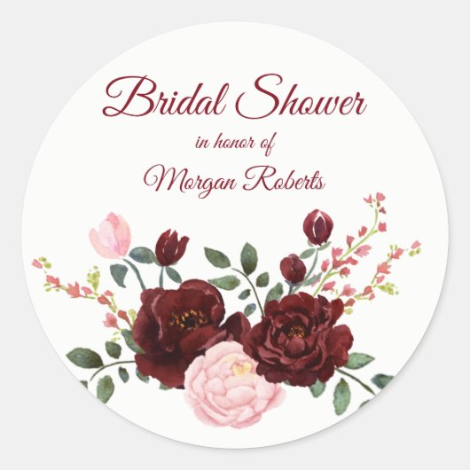 ロマンチックなブルゴーニュの赤いピンクのローズブライダルシャワー ラウンドシール (正面)