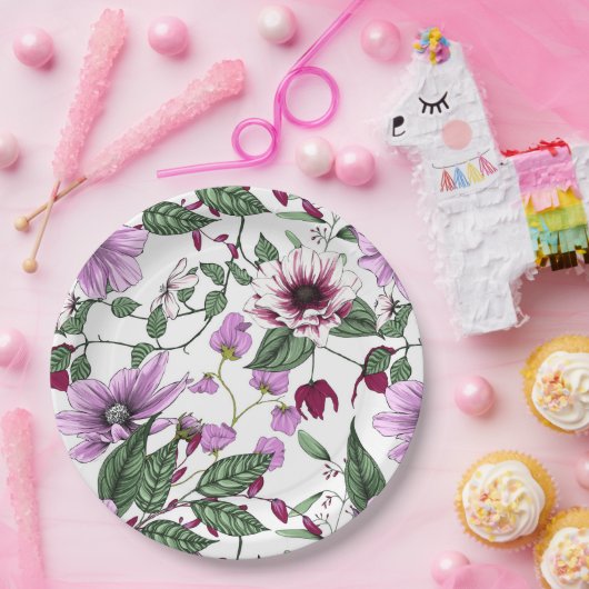 ロマンチックなブルゴーニュの赤い牡丹の花の緑のポピー ペーパープレート (パーティー)