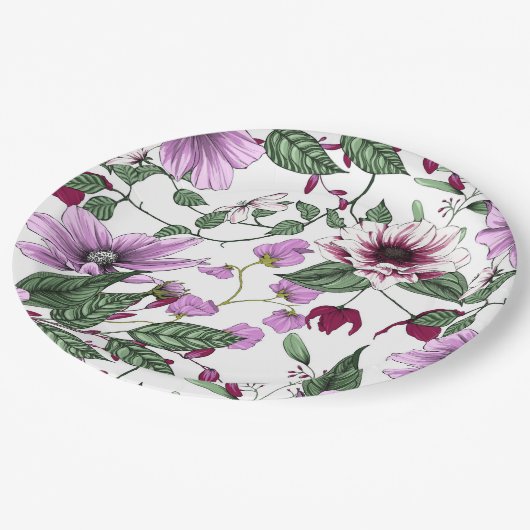 ロマンチックなブルゴーニュの赤い牡丹の花の緑のポピー ペーパープレート (アングル)