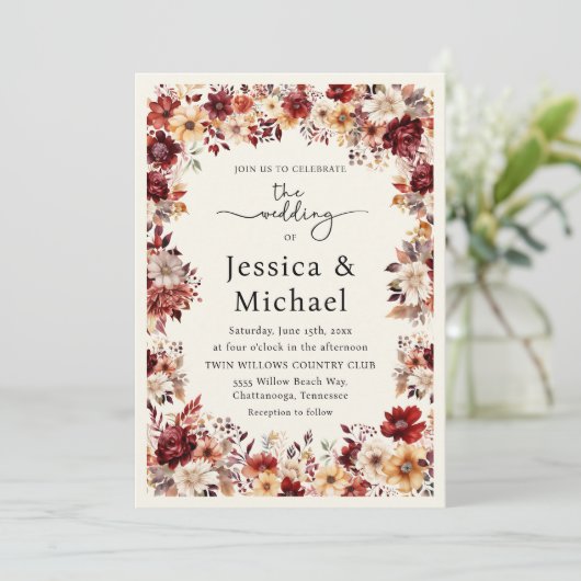 ロマンチックなブルゴーニュクリームウォーター結婚カラーフローラ 招待状 (スタンド正面)