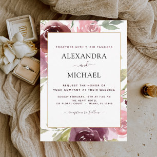 ロマンチックなブルゴーニュピンク結婚フローラ 招待状