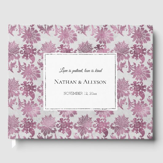 ロマンチックなブルゴーニュレッドシルバー結婚フローラ ゲストブック (正面)