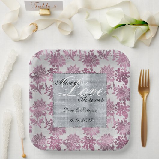 ロマンチックなブルゴーニュレッドシルバー結婚フローラ ペーパープレート (ウェディング)