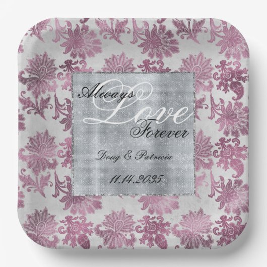 ロマンチックなブルゴーニュレッドシルバー結婚フローラ ペーパープレート (正面)