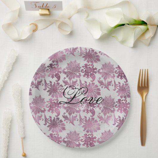 ロマンチックなブルゴーニュレッドシルバー結婚フローラ ペーパープレート (ウェディング)