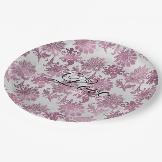 ロマンチックなブルゴーニュレッドシルバー結婚フローラ ペーパープレート (アングル)