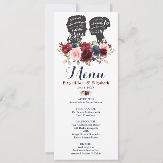 ロマンチックなブルゴーニュ海軍フローラシルエットメニューカード 招待状 (正面)