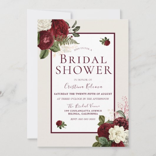 ロマンチックなブルゴーニュ白い花ブライダルシャワー 招待状 (正面)
