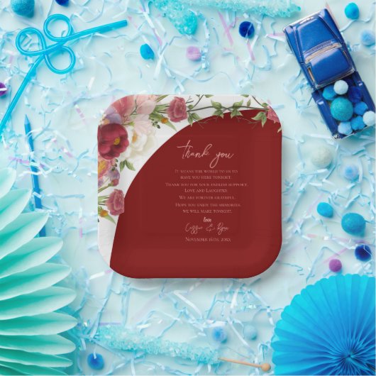 ロマンチックなブルゴーニュ結婚フローラの感謝メッセージ ペーパープレート (パーティー)